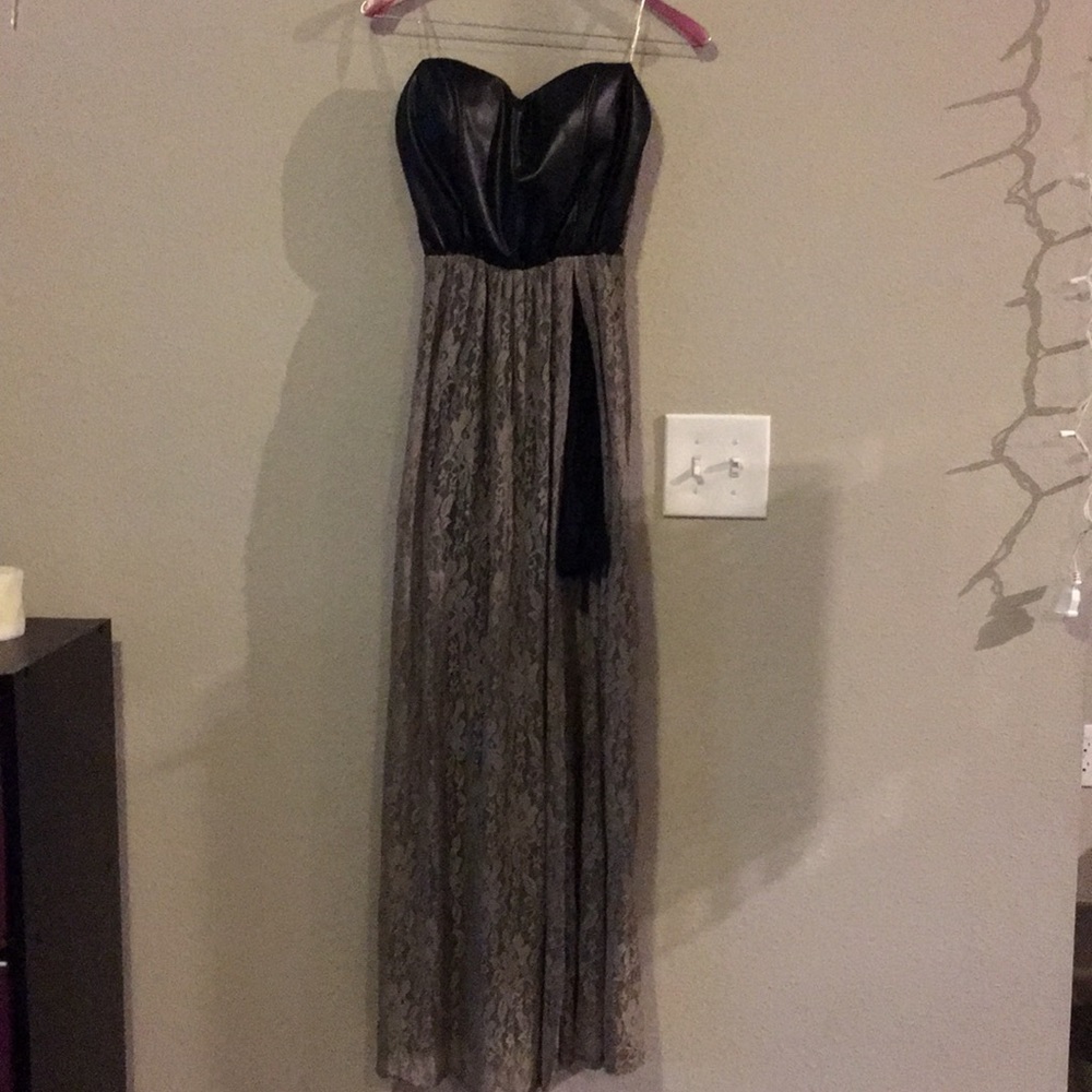 Black leather dress with gray lace